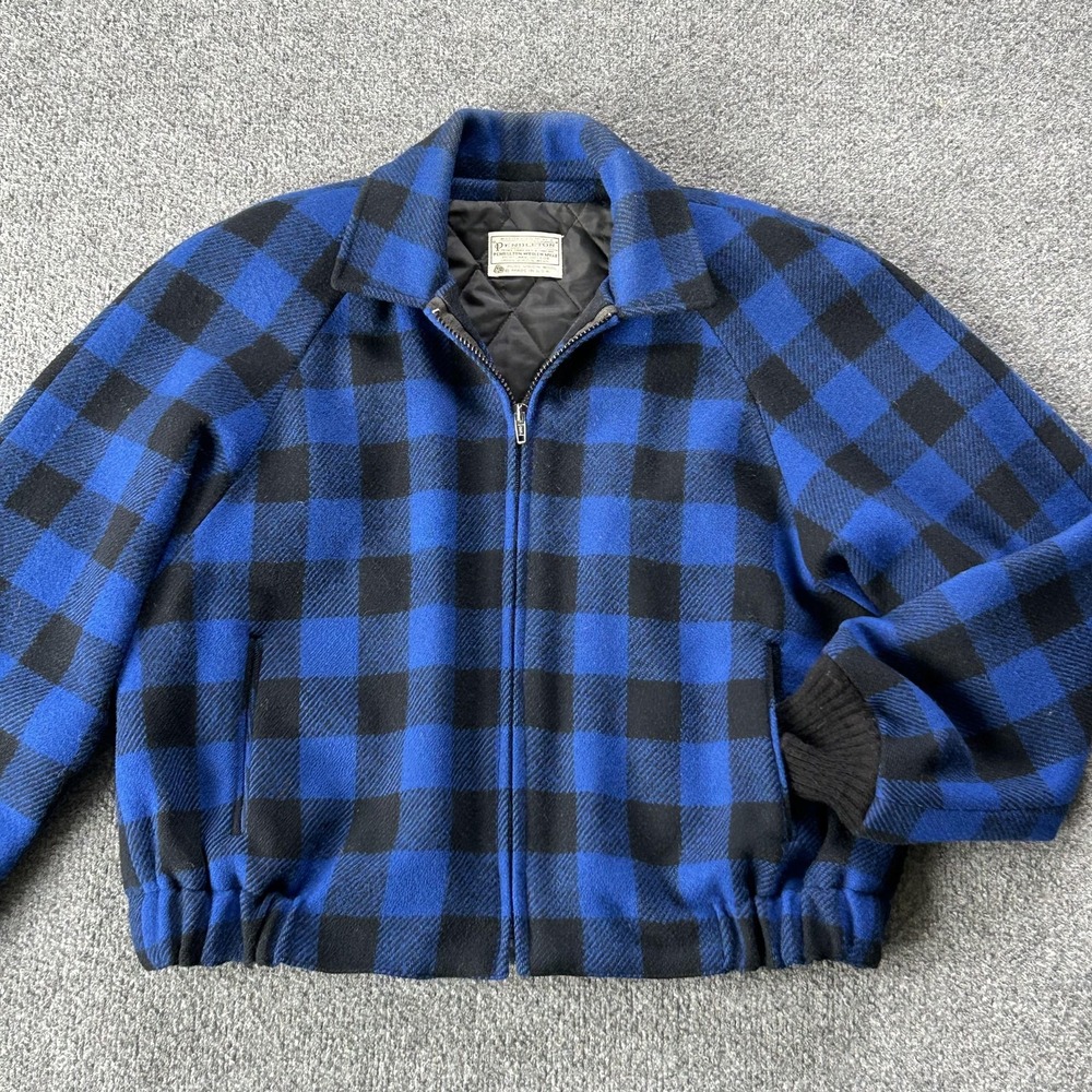 Pendleton‎ Jacket Mens Large Blue Black Plaid Wool Bomber Lined USA Vintage
